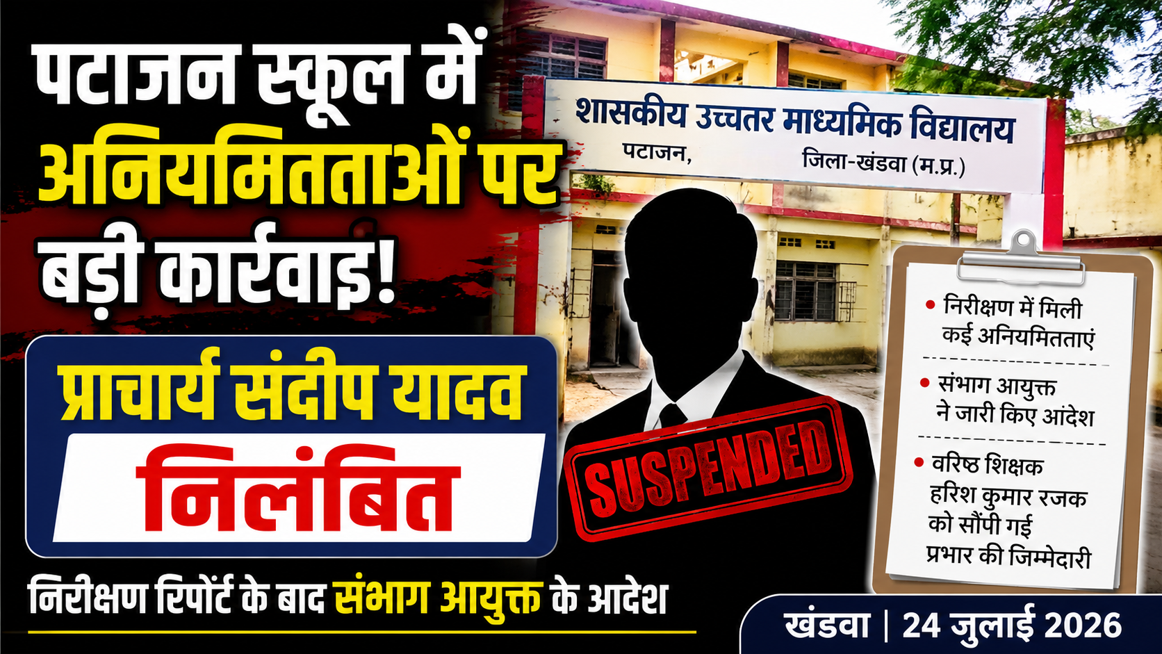 पटाजन स्कूल में अनियमितताओं पर प्रशासन का सख्त एक्शन: निरीक्षण रिपोर्ट के बाद प्राचार्य संदीप यादव निलंबित, वरिष्ठ शिक्षक को सौंपी गई जिम्मेदारी