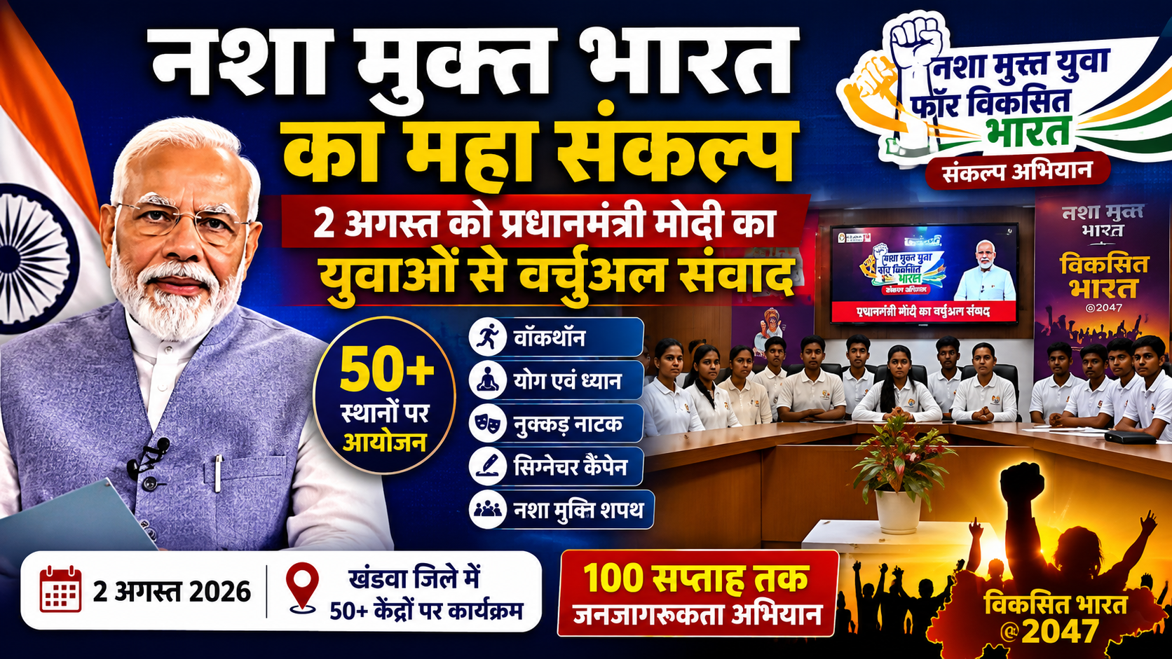 खंडवा जिले के 50 से अधिक केंद्रों पर होगा ‘नशा मुक्त युवा’ अभियान का महाआयोजन, 2 अगस्त को प्रधानमंत्री नरेंद्र मोदी करेंगे देशभर के युवाओं से सीधा वर्चुअल संवाद