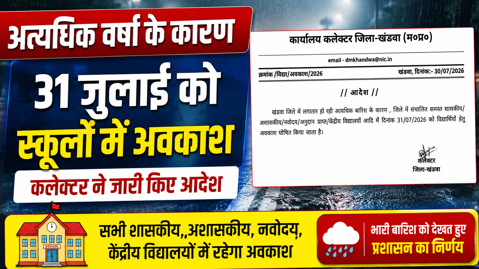 अत्यधिक वर्षा के चलते खंडवा जिले के सभी स्कूल 31 जुलाई को रहेंगे बंद, प्रभारी कलेक्टर ने जारी किए आदेश