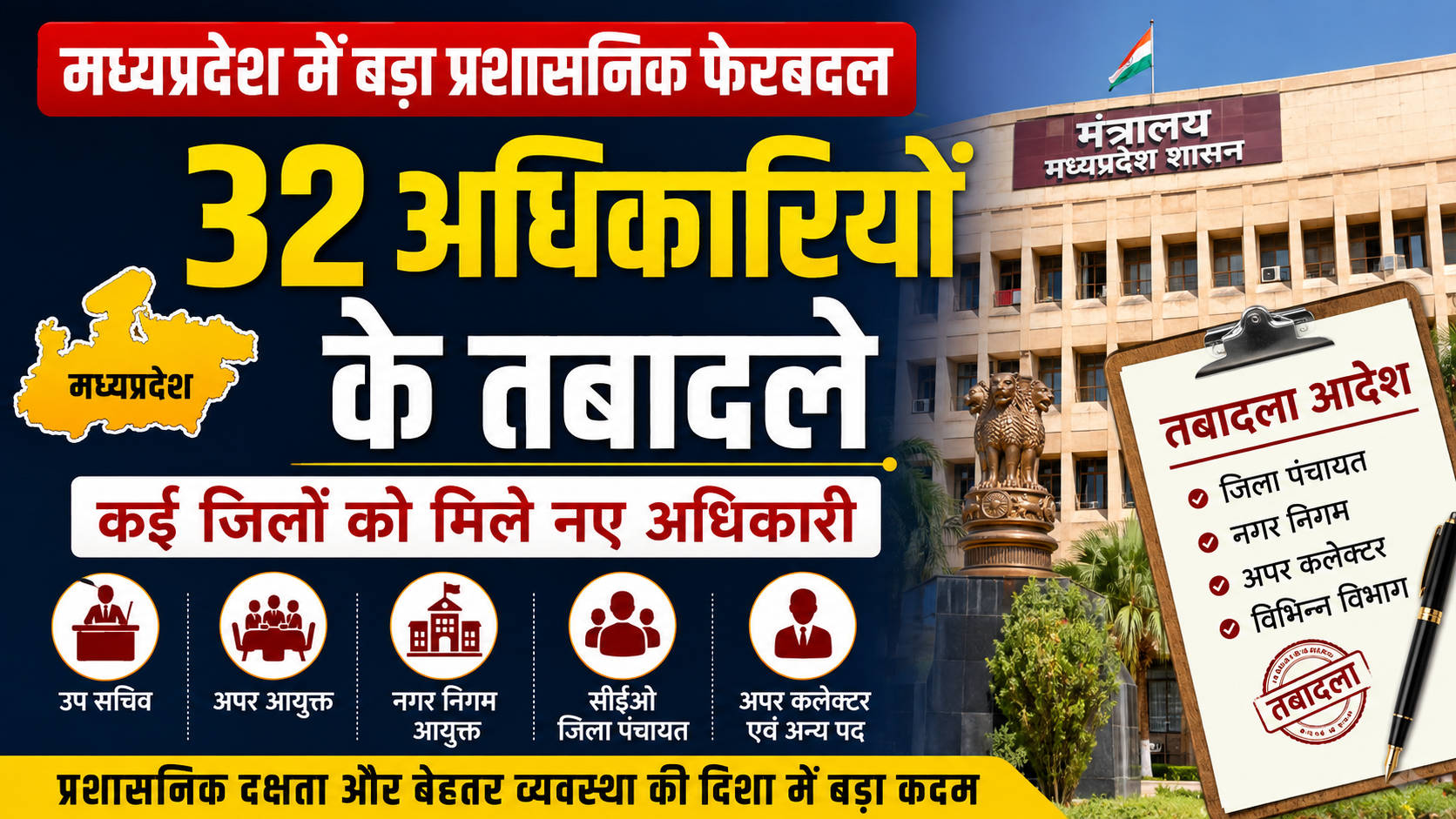 मध्यप्रदेश में प्रशासनिक सर्जरी: 32 राज्य प्रशासनिक सेवा अधिकारियों के तबादले, कई जिलों को मिले नए अफसर