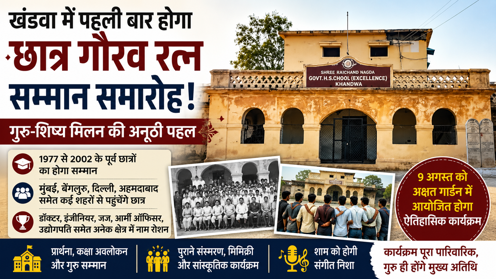खंडवा में पहली बार होगा ‘छात्र गौरव रत्न’ सम्मान समारोह, गुरु-शिष्य मिलन की अनूठी पहल | 1977 से 2002 के बीच पढ़े पूर्व छात्रों का होगा सम्मान, देश-विदेश से जुटेंगे शिष्य; गुरुजनों के सम्मान के साथ होगी संस्मरण, मिमिक्री और संगीत की महफिल